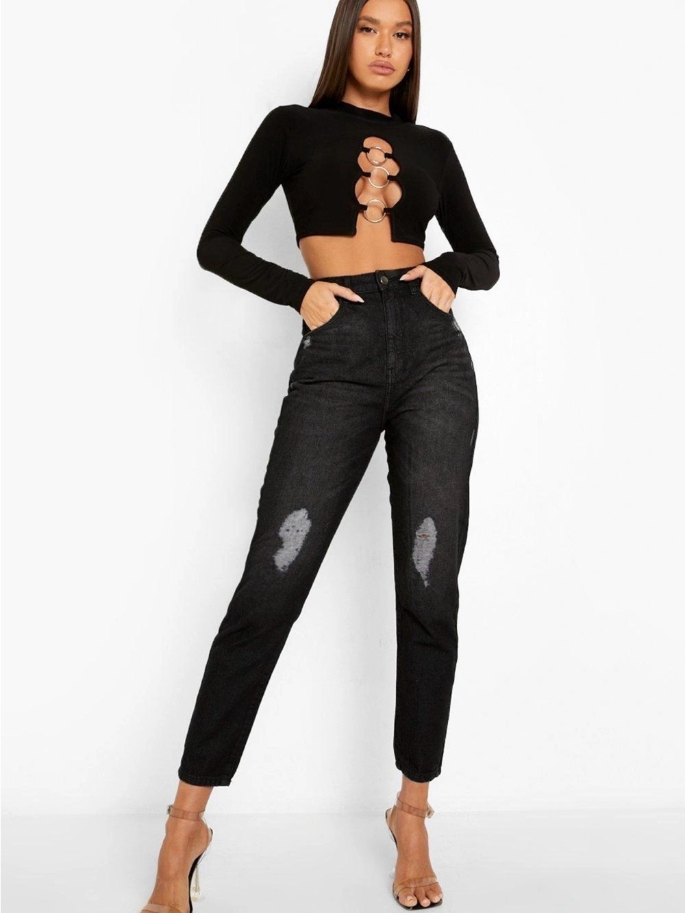 NEW WITH TAGS Boohoo Black High-Rise Slim Mom Jeans - Women size US 8 - Picture 2 of 5